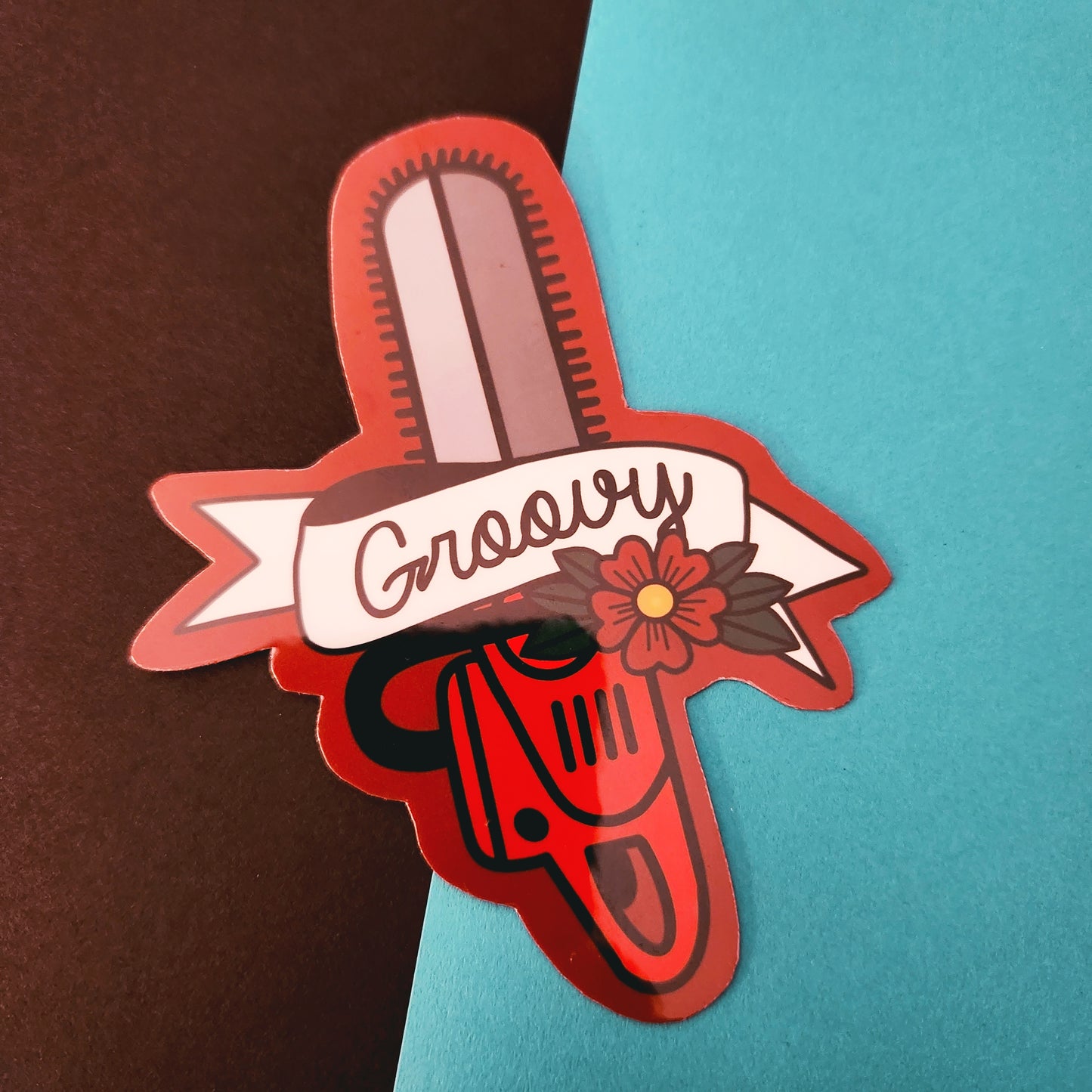 evil dead groovy chainsaw horror sticker