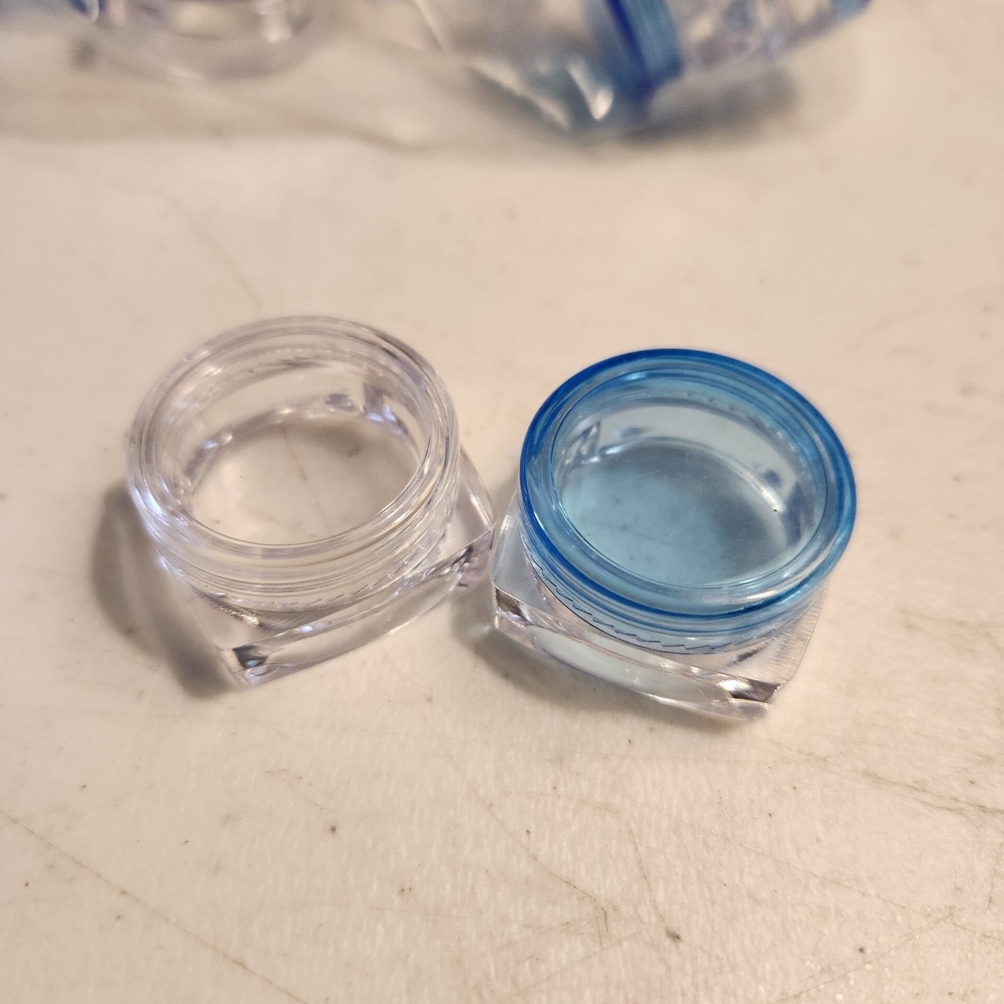 Clear Square Jars with Clear & Blue tops - lip balm/eye shadow jars - supplies surplus sale