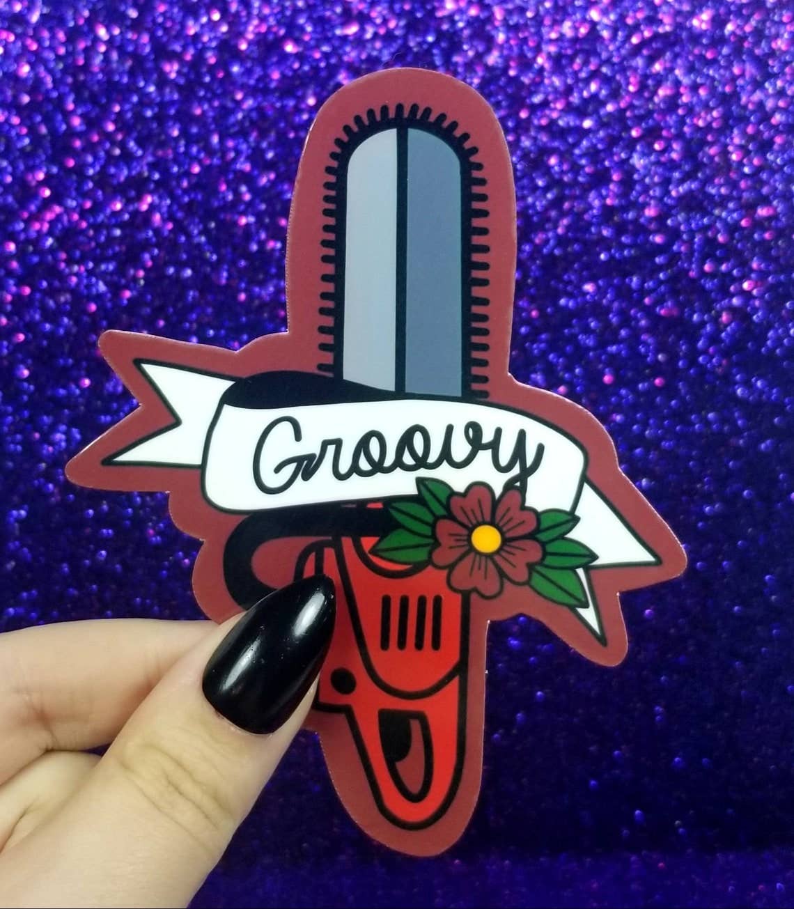 evil dead groovy chainsaw horror sticker