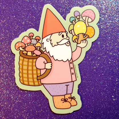 mushroom gathering gnome vinyl sticker - the salty hive